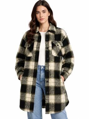 Steve Madden Plaid Wool Blend Shacket Coat Black Cream Size M NWT